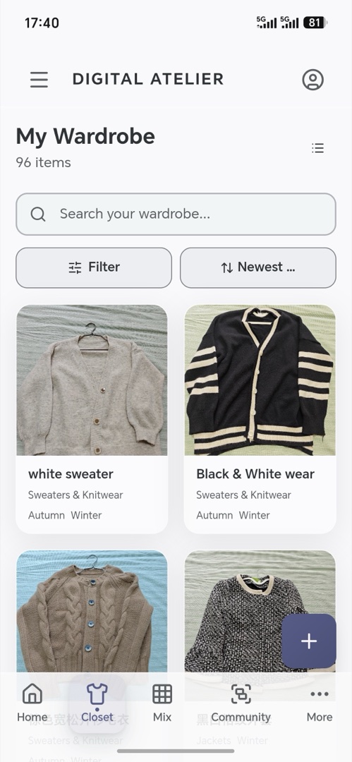 Wardrobe grid with clothing items